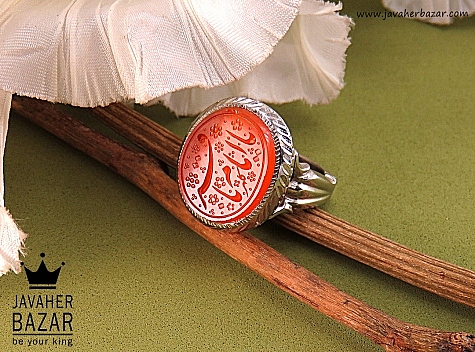 انگشتر نقره عقیق یمنی نارنجی مردانه دست ساز [یا امام باقر] - 31505